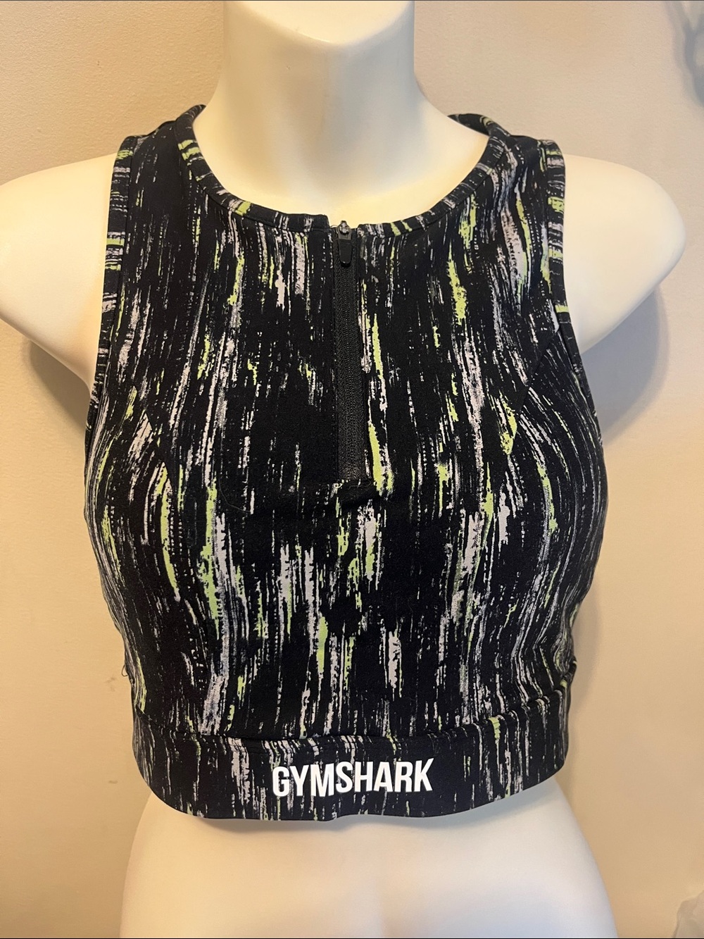 Gymshark Black with Lime & White Brushstroke Zip-Front Cropped Sports Top